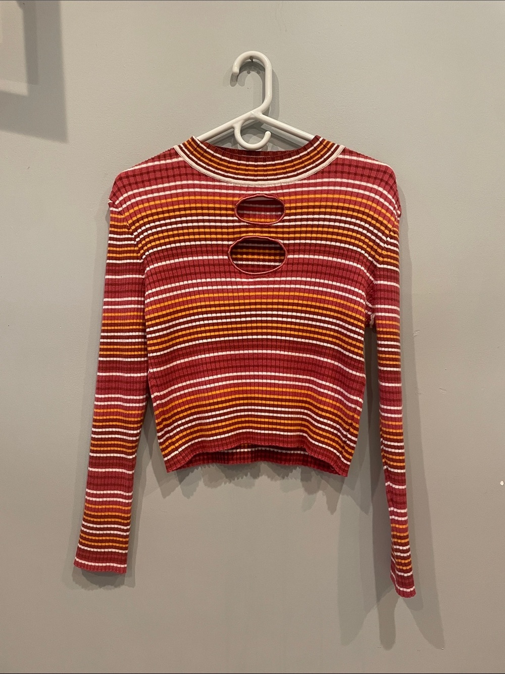 Striped Cutout Long-Sleeve Top - burgundy -Pink -Orange